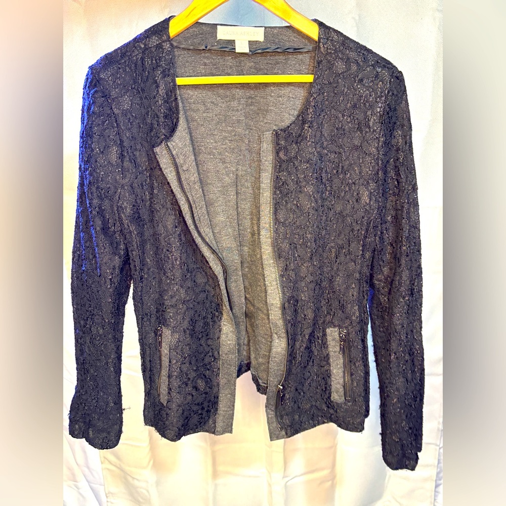 Vintage Laura Ashley - Black/Gray Lace Zip Up Sweater - L